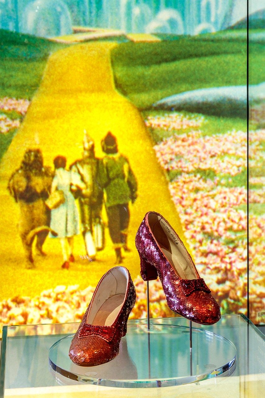 The museum’s permanent space displays treasures from the history of cinema, like the ruby slippers Judy Garland wore in the 1939 Wizard of Oz. (Photo by Joshua White/© Academy Museum Foundation)