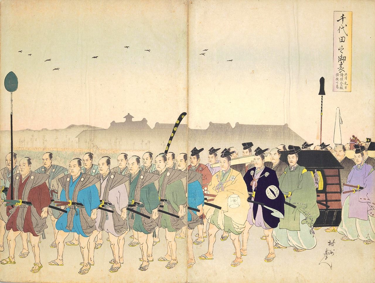 楊洲周延畫作《千代田之御表》。以「上野御成」為題,描繪將軍一行人前往寬永寺參拜場景。負責前導引路的御徒武士打赤腳著草鞋(國立國會圖書館館藏)