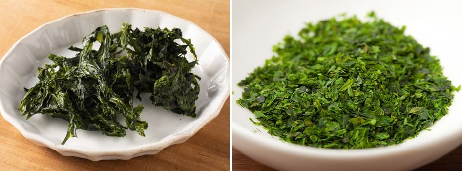 照片左側:三重縣產的乾燥青海菜(提供:農林水產省《日本傳統飲食圖鑑》);碎片狀的青海苔(PIXTA)