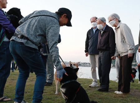 上皇夫婦在葉山御用邸附近散步,向聚集的民眾打招呼。攝於30日下午,神奈川縣葉山町