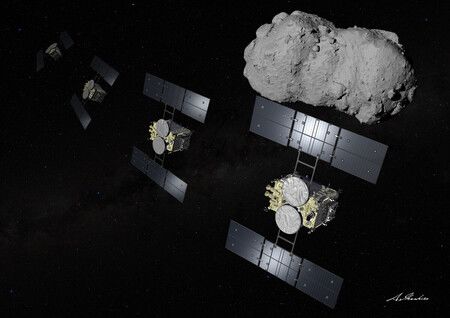 探測器「隼鳥2號」飛掠觀測小行星「鳥船」的想像圖(JAXA 提供,(C)池下章裕)