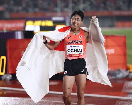 日本選手落合晃29日在亞運田徑男子800公尺決賽奪得金牌。攝於愛知縣Paloma瑞穗體育場