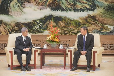 日本國際貿易促進協會會長、前外相岩屋毅(左)29日在北京人民大會堂與中國國務院副總理何立峰舉行會談。(時事通信代表攝影)