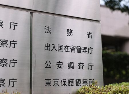 日本法務省、出入國在留管理廳及公安調查廳等機關所在的中央合同廳舍第6號館標示牌,位於東京都千代田區