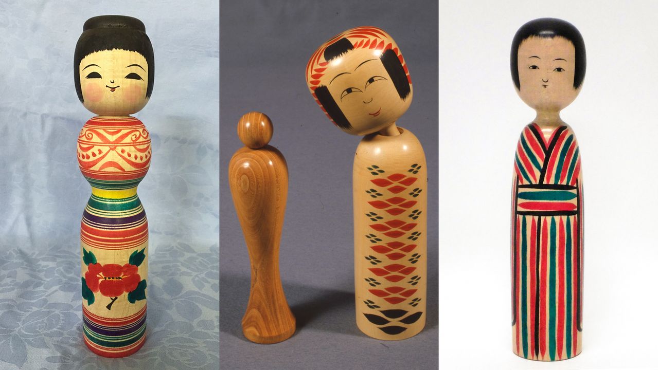 من اليسار، أشكال دمى كوكيشي: تسوغارو، نانبو، كيجيياما. (من اليسار، الصورة بإذن من متحف دمى تسوغارو كوكيشي، وجمعية هاناماكي للسياحة، وغرفة التجارة والصناعة بمدينة يوزاوا).