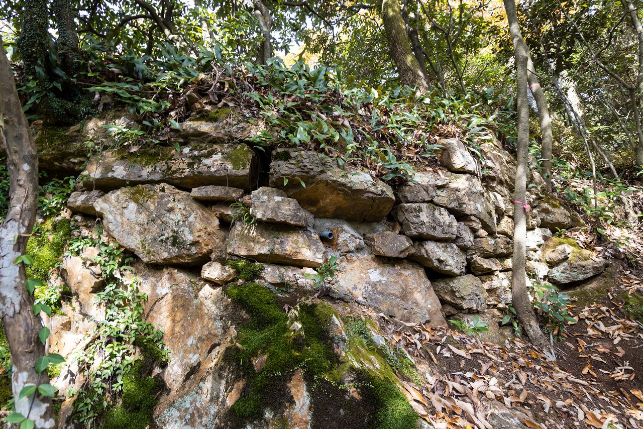 الجدار بالقرب من بوابة سانومون مبني بأحجار طويلة مستطيلة بأسلوب يفضله الدايميو السابق سايتو دوسان.