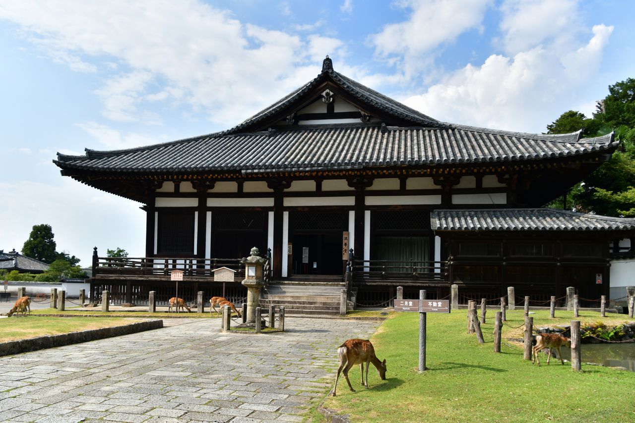  يتكون Hokkedō من قاعة عبادة raidō (في الصورة)، والتي أعيد بناؤها خلال فترة كاماكورا، وقاعة صور شودو الأصلية في الجزء الخلفي من المبنى.