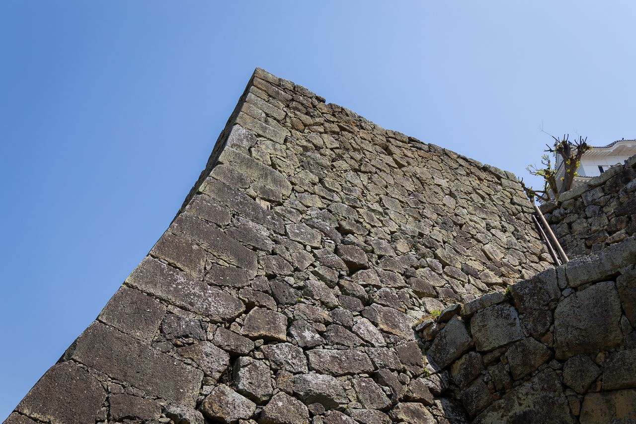  جدار حجري مبني بنمط ”أوغينوكوباي“ يشبه المروحة المفتوحة المقلوبة.