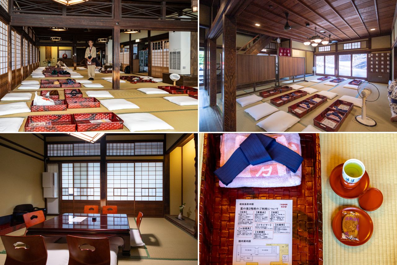 إلى الأعلى يساراً: غرفة استرخاء كامي نو يو في الطابق الثاني بطاقة استيعاب 70 شخصًا. إلى الأعلى يميناً: غرفة استرخاء تاما نو يو في الطابق الثاني بطاقة استيعاب 20 شخصًا. إلى الأسفل يساراً: في الطابق الثالث من تاما نو يو يوجد ثماني غرف استرخاء خاصة. إلى الأسفل يميناً: يشمل استخدام غرف الاسترخاء، استئجار اليوكاتا والشاي الأخضر، ومنشفة يد حسب نوع الغرفة. (© Nippon.com)