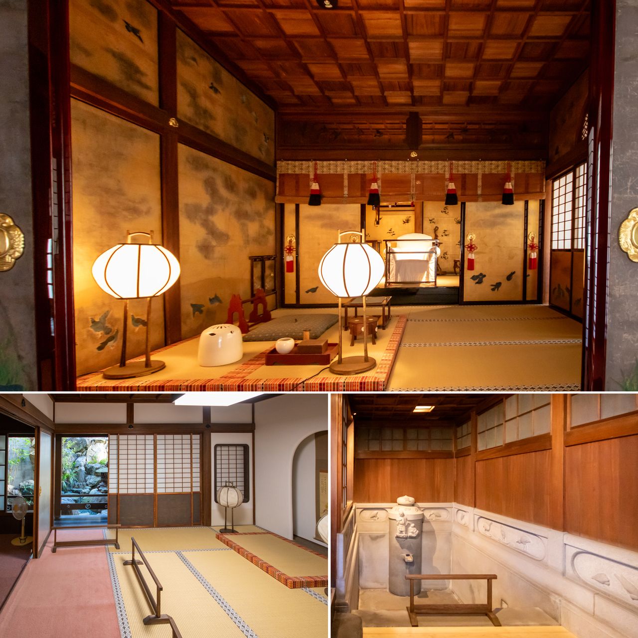 في الأعلى: غرفة يوشيندن للاسترخاء. إلى اليسار: غرفة تغيير الملابس تطل على حديقة داخلية. إلى اليمين: حمام أويودونو. (© Nippon.com)