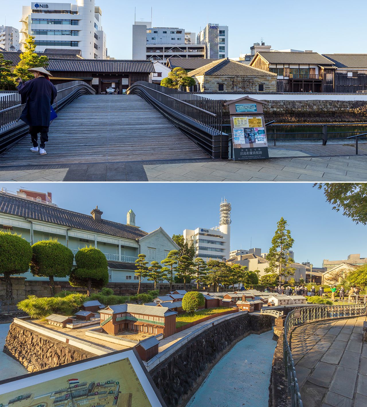 تعمل حكومة المدينة على إعادة بناء بقايا ديجيما لتحويلها إلى متحف مفتوح. في منتصف الصورة السفلية يوجد نموذج مصغر لإعادة البناء. على اليسار، تظهر المدرسة البروتستانتية سابقاً، أقدم مبنى لا يزال قائمًا، وقد تم تشييدها عام 1878. (© Nippon.com)