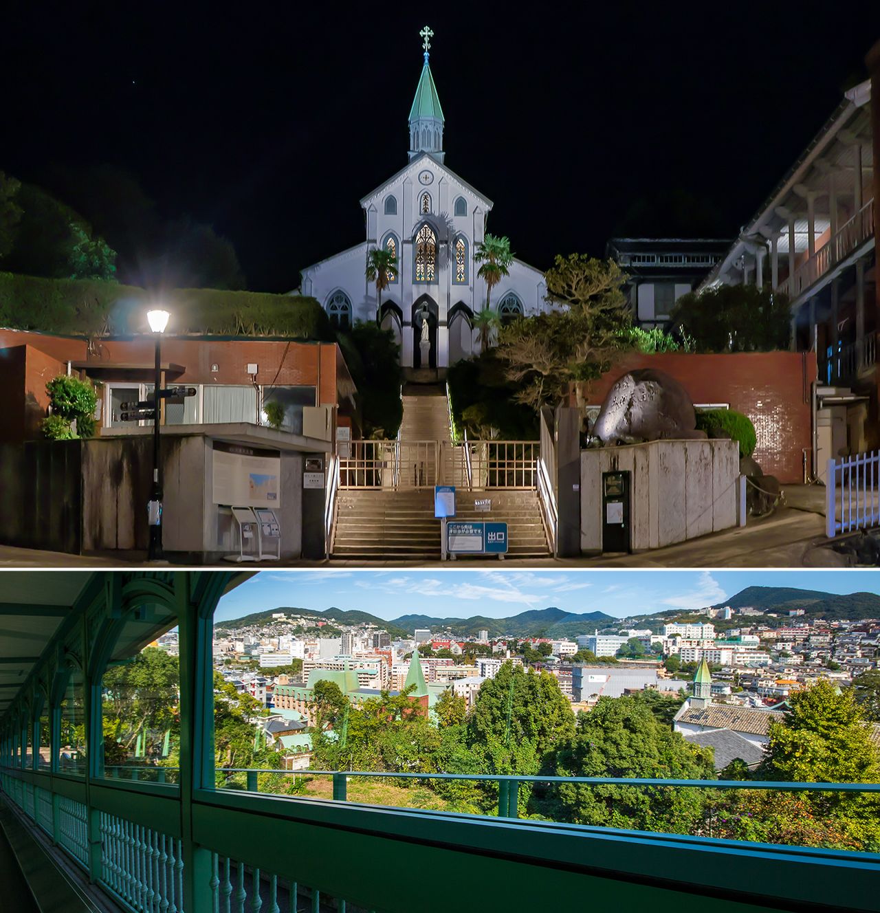 يمكن رؤية كنيسة أورا وبرجها المثمن (في الأعلى) من حديقة غلوفر. (© Nippon.com)