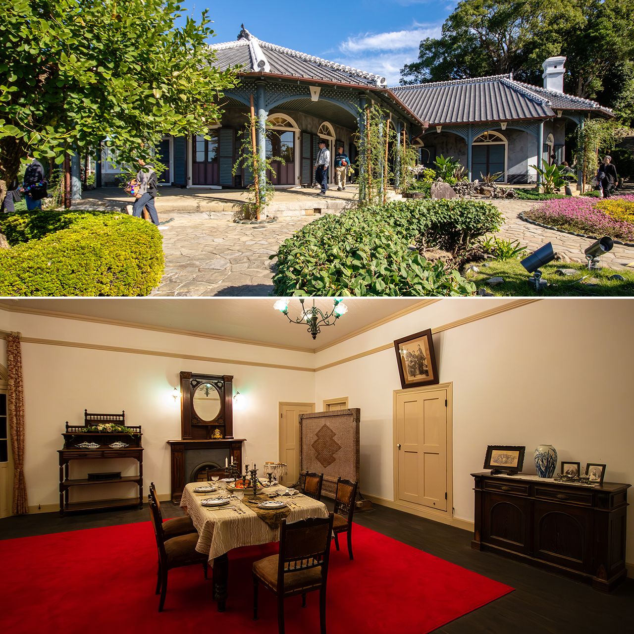 منزل غلوفر بمزيجه المميز من المداخن والبلاط الياباني (في الأعلى)، وفي الداخل، نُسخ مُعاد تمثيلها للحياة المنزلية كما كانت في ذلك العصر. (© Nippon.com)