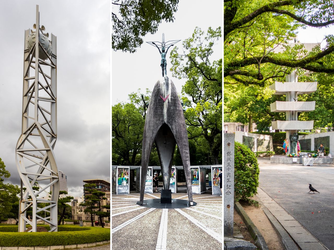 من اليسار: برج ساعة السلام، الذي يرن في الساعة 8:15 كل صباح؛ نصب السلام للأطفال، المكرس للضحايا الصغار من القصف والأمراض المرتبطة بالإشعاع التي تلت ذلك؛ وبرج النصب التذكاري المخصص للطلاب المجندين، الذي يخلد ذكرى أكثر من 6,000 شخص فقدوا حياتهم. (© Nippon.com)