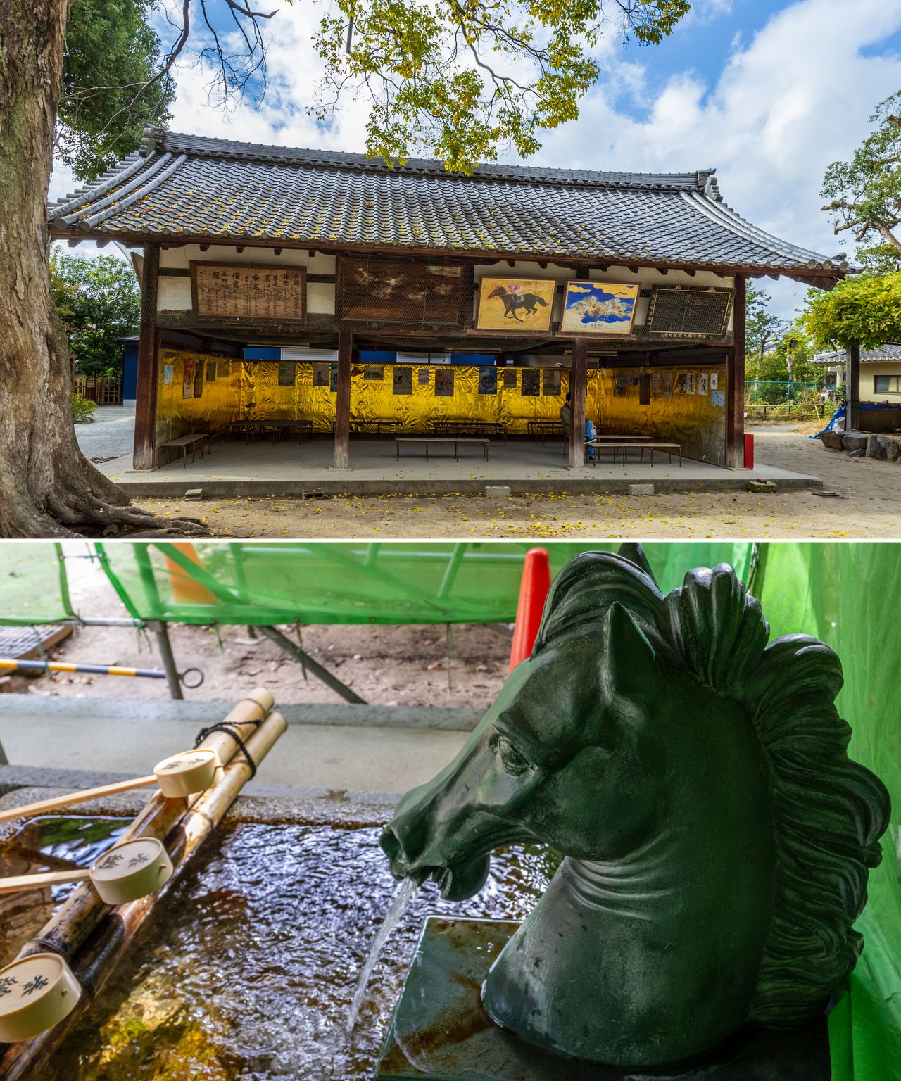 أعلى: هذا الهيكل يعرض إيما من فترة إيدو (1603–1868). أسفل: يتدفق الماء من رأس حصان في حوض التنقية الطقسي تيميزويا في الضريح. (© Nippon.com)