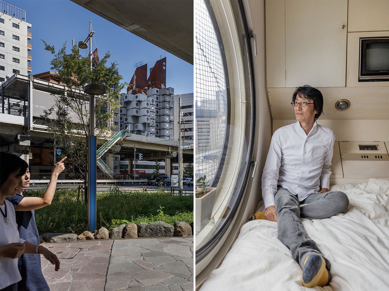 إلى اليسار، برج ناكاغين الكبسولي. المنظر من أسفل طريق طوكيو السريع. تم التقاط الصورة في 6 أكتوبر/ تشرين الأول، 2016. وعلى اليمين، سيكينى تاكايوكي داخل كبسولته. تم التقاط الصورة في 23 يوليو/ تموز 2016.