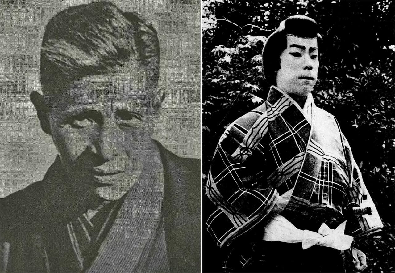 ماكينو شوزو (يسارًا) وأونوي ماتسونوسوكي (1875-1926)، وهو ممثل مسرحي متجول أصبح أول نجم سينمائي في اليابان بفضل أفلام ماكينو. (© من مكتبة البرلمان الوطني)
