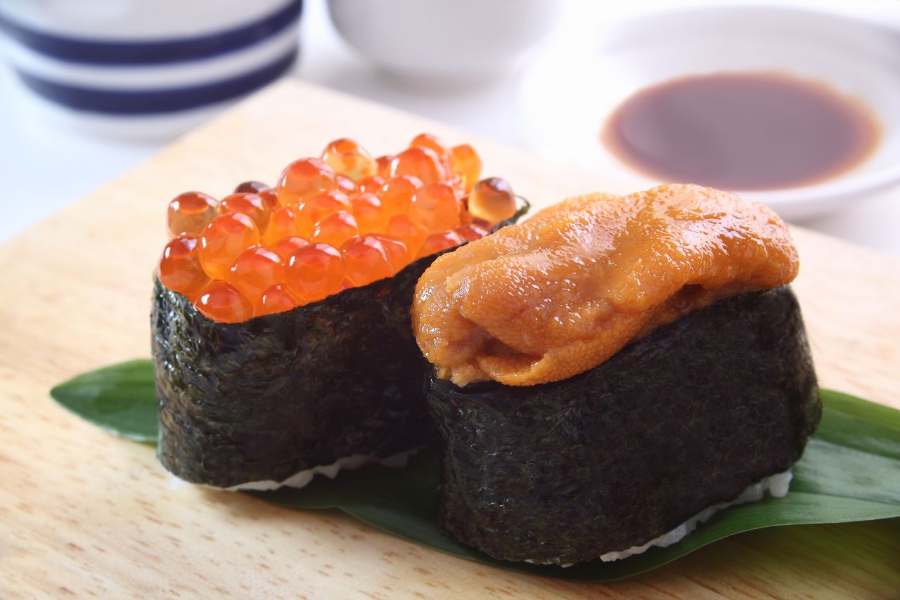 Gunkanmaki topped with ikura (salmon roe) on the left an　d uni (seaغونكانماكي مع طبقة علوية من ”إيكورا (بطارخ السلمون)“ على اليسار و ”أوني (قنفذ البحر)“ على اليمين.