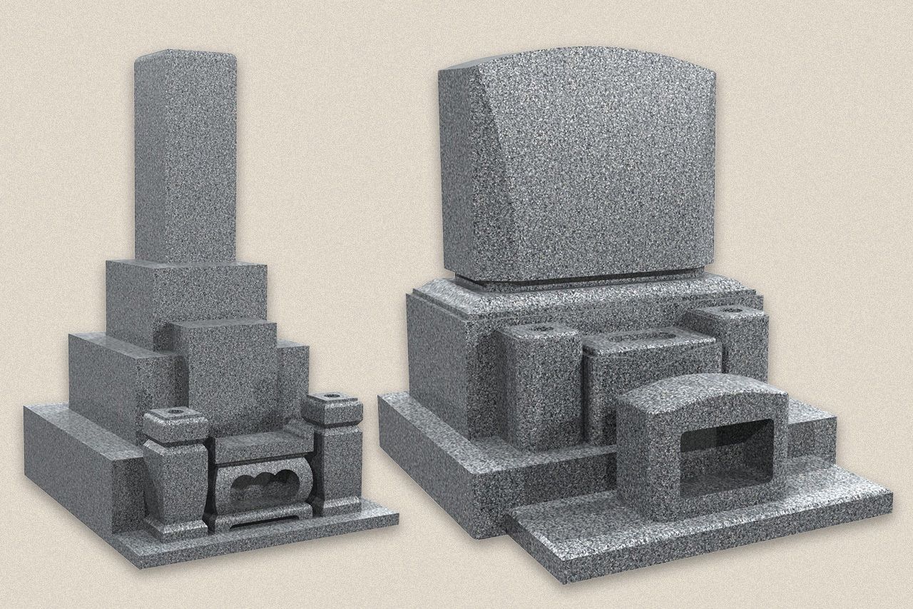 شاهد قبر على الطراز الياباني (يسار) بجوار شاهد قبر على الطراز الغربي؛ الصورتان مُولّدتان برسومات حاسوبية. (بإذن من جمعية النصب التذكارية الحجرية اليابانية)