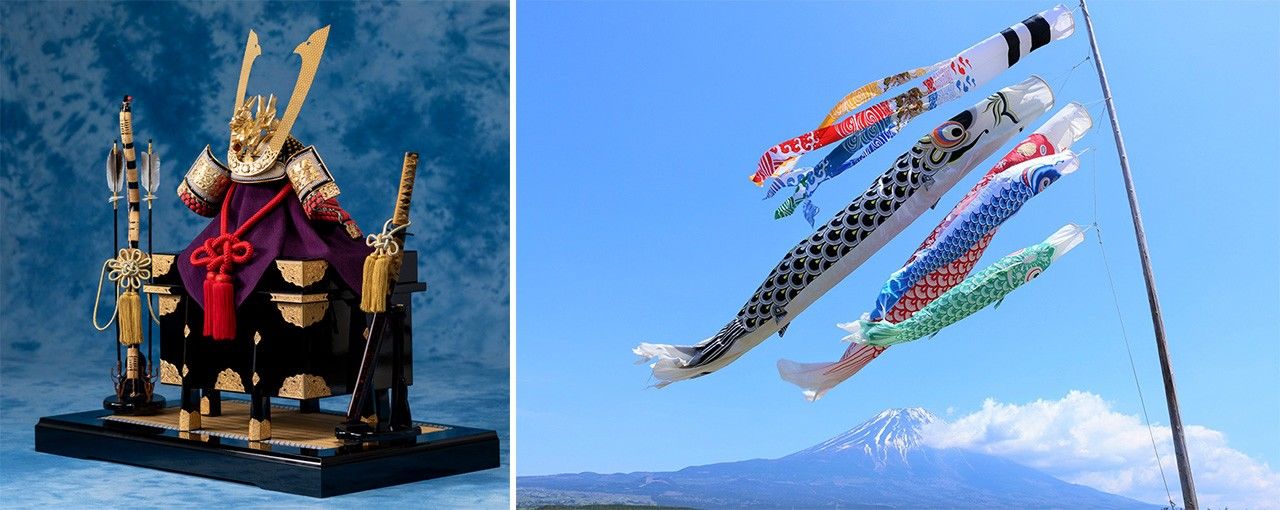 درع وخوذة (يسار) ورايات’’كوينوبوري‘‘ المصممة على شكل أسماك الشبوط (حقوق الصورتين لبيكستا).