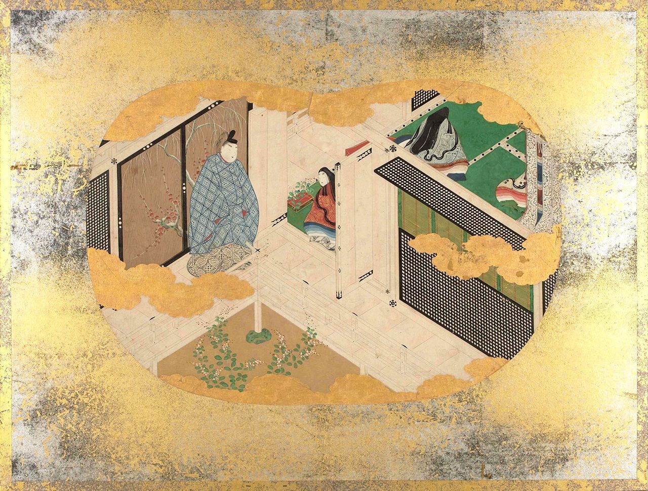 مشهد من الفصل الذي يحمل عنوان ’’كاغيرو (ذبابة مايو)‘‘ من ألبوم لصور حكاية غينجي مرسومة على شكل مروحة يدوية (الصورة بإذن من المعهد القومي للأدب الياباني)