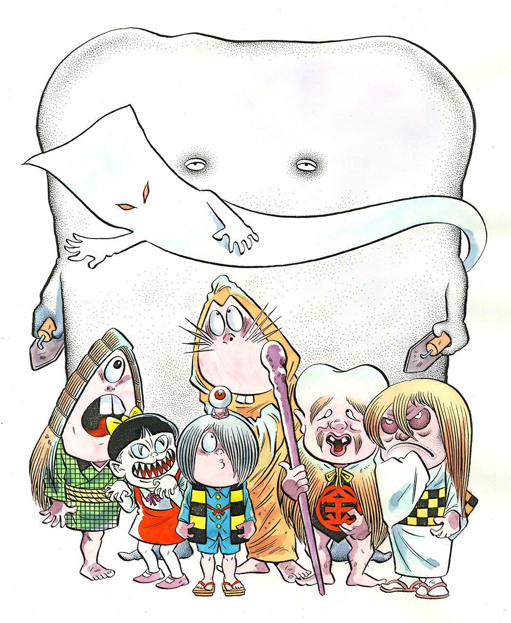 شخصيات اليوكاي في ”غيغيغي نو كيتارو“ التي رسمها ميزوكي شيغيرو. تقديم الصورة: شركة ميزوكي برودكشن (جيجي برس)