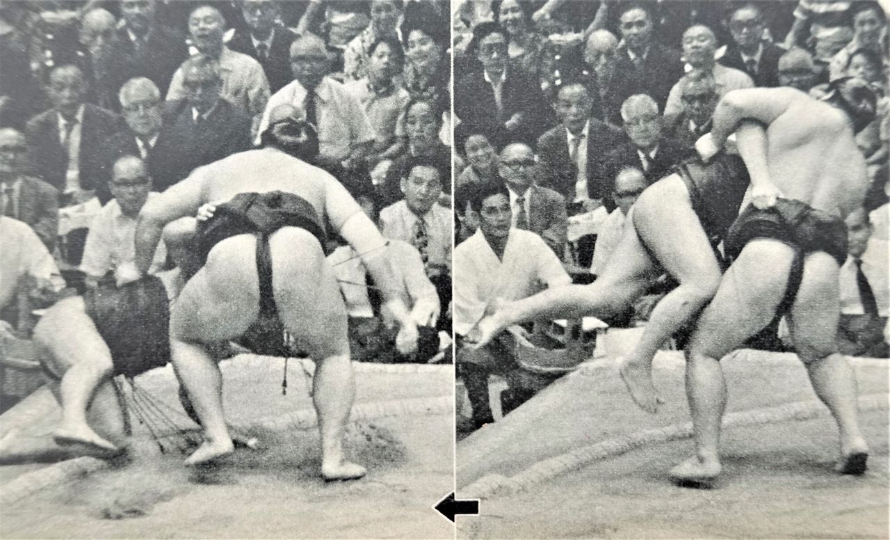 دايكيرين ضد ماسويياما في بطولة سبتمبر/أيلول عام 1972. بدا الأمر للوهلة الأولى كما لو أن دايكيرين قد نفذ حركة تسوكاميناغي، لكن قرار التحكيم الرسمي خلص إلى أن حركة الفوز كانت تسوريداشي (الصورة بإذن من مجلة أوزومو).