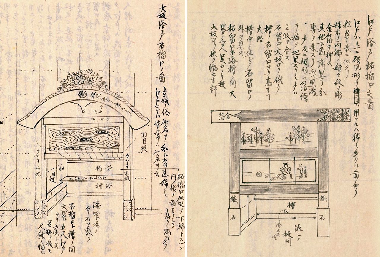 Zakuroguchi in Osaka (left) and Edo.  From the sketches of Morisada (courtesy of the National Library of Parliament).