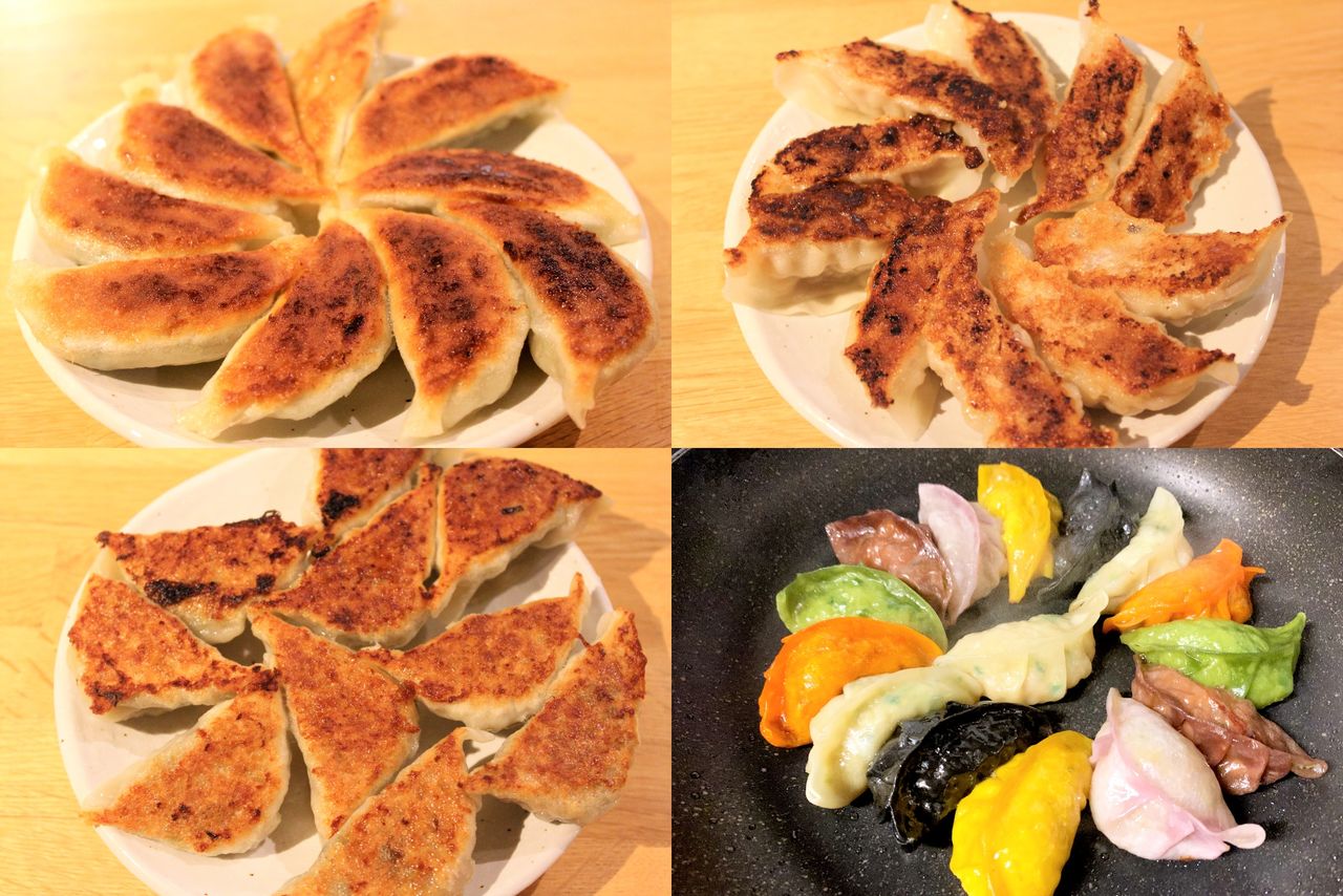 فطائر الغيوزا في محافظة ميازاكي متعددة النكهات. من أعلى اليسار في اتجاه حركة عقارب الساعة، فطائر من Kurobee (ميازاكي)، Ryō Garden (ميازاكي)، Juju (تاكانابى)، و Gyōza no Sato (هيوغا) (تسونيوشي هيرويوكي)