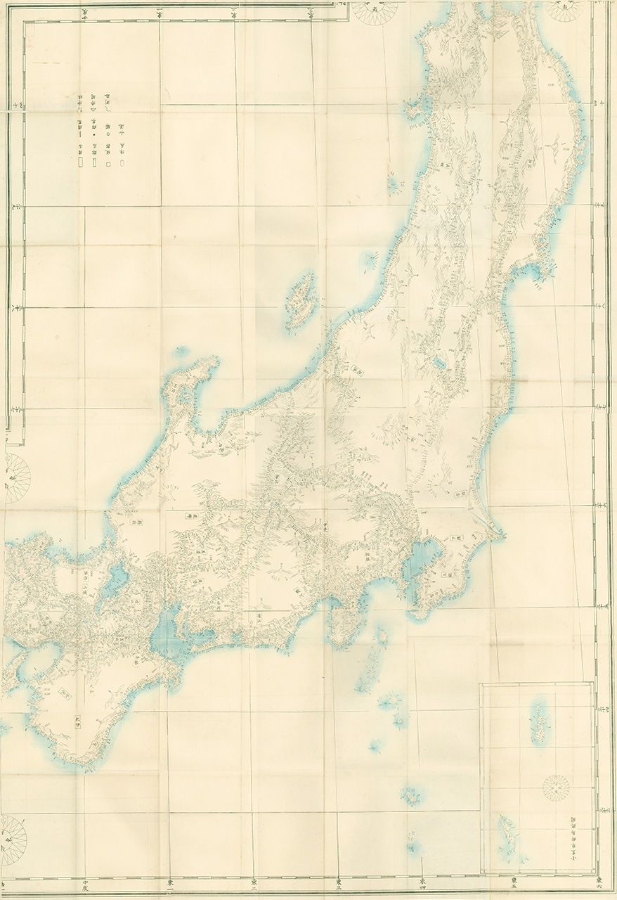  خريطة من مجموعة مكونة من 4 خرائط تغطي كامل اليابان وجزيرة كارافوتو (سخالين) تم إعدادها في عام 1870 استنادا للرسوم البيانية السابقة لإينو (الصورة بإذن من سلطة المعلومات الجغرافية المكانية في اليابان).