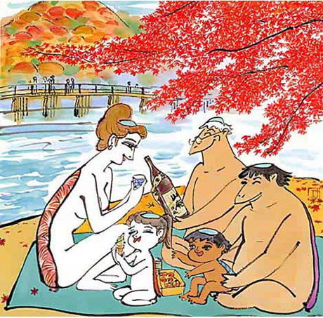 شخصيات كابّا التي ابتكرها كوجيما كو في إعلان تجاري لمصنّع الساكي كيزاكورا. كانت الشركة قد استخدمت سابقًا شخصية كابّا للفنان شيميزو كون في إعلاناتها التجارية. (إهداء من كيزاكورا)