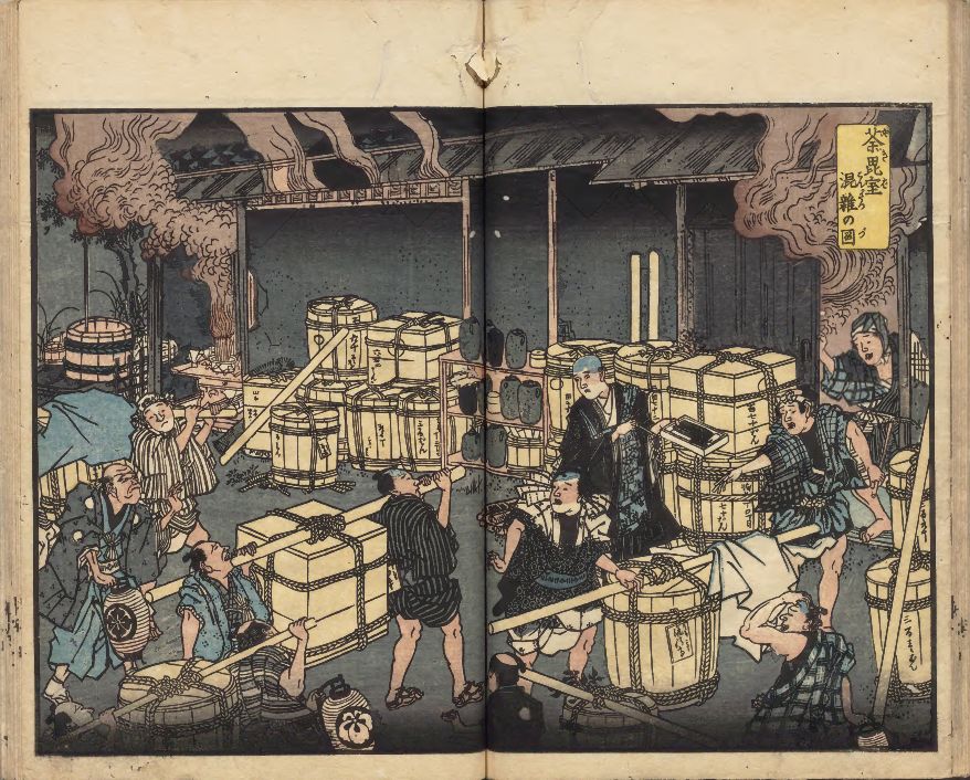 واجهة كتاب (Ansei korori ryūkōki) (سجل تفشي وباء الكوليرا في حقبة عصر آنسى). يظهر عليها مشهدًا به العديد من التوابيت والتي كانت أكثر مما يمكن حرقه. (الصورة مقدمة من أرشيف اليابان الوطني)