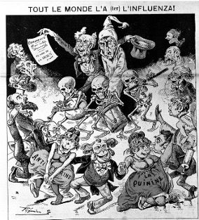 كاريكاتور عن ”الإنفلونزا الروسية“ تم نشره بتاريخ 12/1/1890 في مجلة ”جورلو“ الفرنسية.