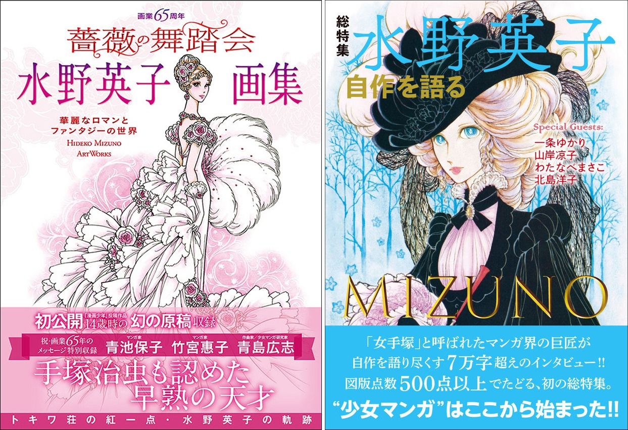 ظهرت العديد من الكتب التي تتناول أعمال ميزونو، بما في ذلك ”كرة الورود: مجموعة فنية لميزونو هيديكو“ لعام 2020، على اليسار، و ”أعمال ميزونو هيديكو“ لشهر يناير/كانون الثاني عام 2022.