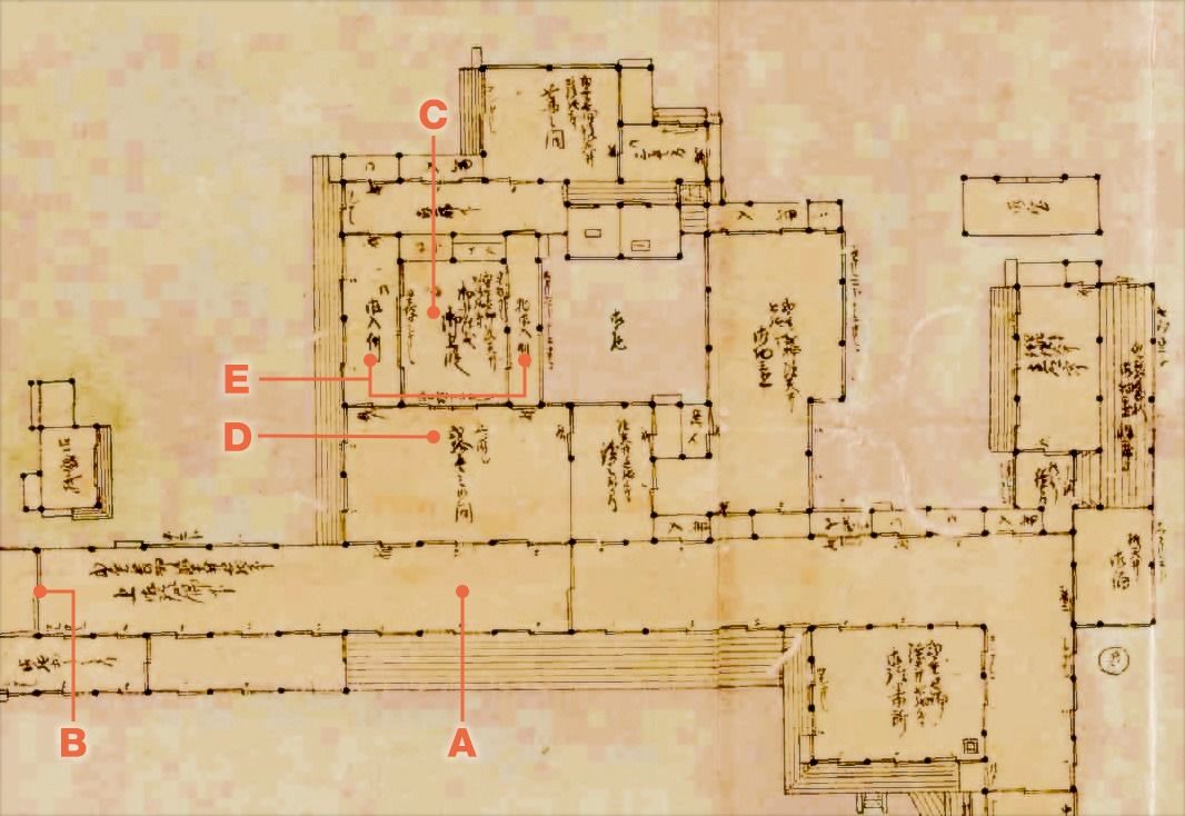 خريطة توضح أماكن معيشة الشوغون داخل قلعة إيدو (الصورة بإذن من مكتبة العاصمة طوكيو، الأرشيف الخاص).