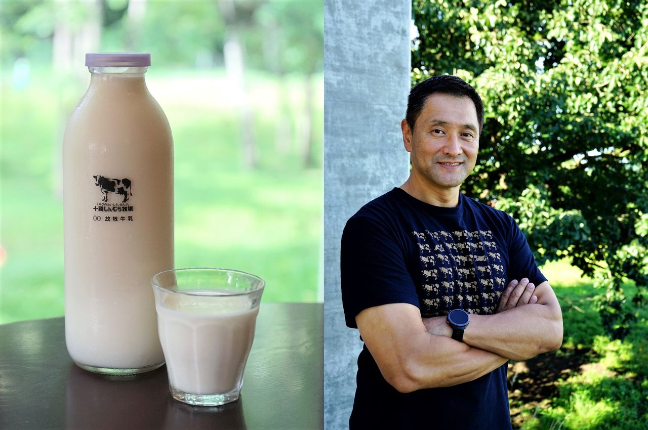 إلى اليسار: صورة لحليب مزرعة شينمورا اللذيذ. إلى اليمين: السيد شينمورا هيروتاكا المولع بالدراجات النارية هارلي دافيدسون، رياضة الروغبي، وماركة أرماني.(© اوكيتا ياسويوكي)