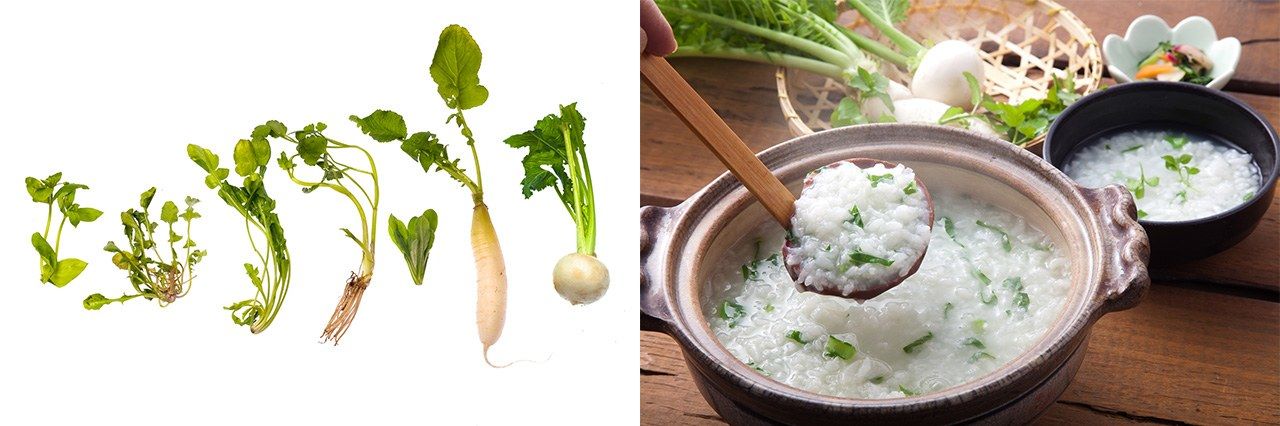 على اليسار الأعشاب السبعة (من اليسار): ”هاكوبيرا (عشبة الطير)“، ”نازونا (محفظة الراعي)“، ”هوتوكينوزا (عشب الضروع)“، ”سيري (الكرفس المائي)“، ”غوغيو (الحريشة)“، ”سوزوشيرو (فجل الدايكون)“، ”سوزونا (سَلجَم)“، قدر من ناناكوسا غايو (© بيكستا).