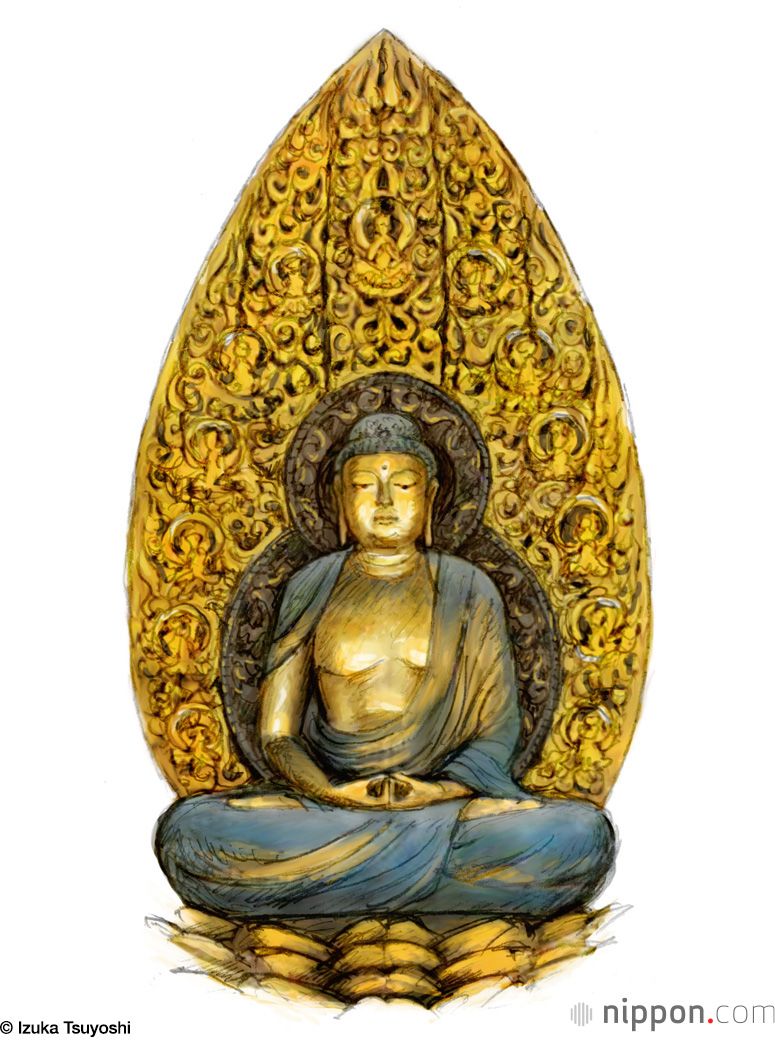 تمثال لأميدا بوذا في وضعية الجلوس، في معبد بيودوين.