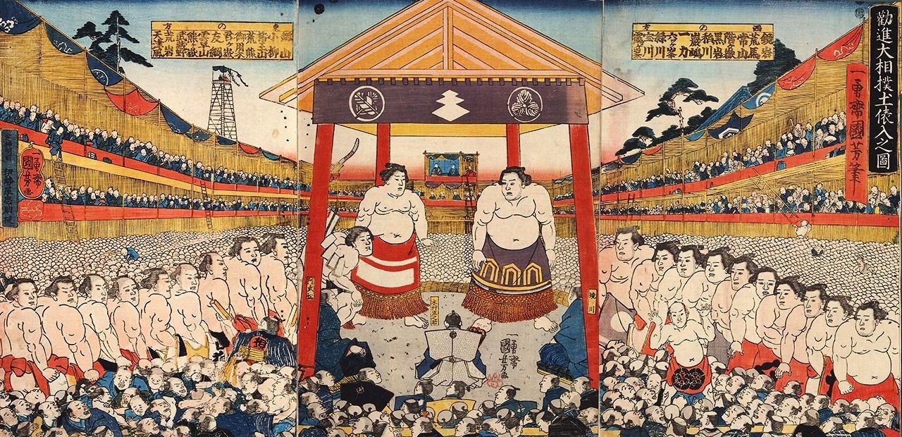 إحدى مطبوعات الفنان أوتاغاوا كونيوشي (1798–1861) عام 1849، تصور حفل دخول الحلبة. (© مجموعة مكتبة طوكيو متروبوليتان المركزية)