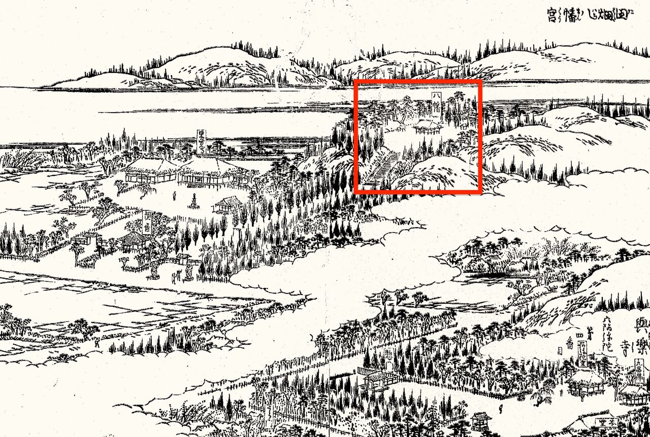 يظهر في كتاب ”دليل معالم إيدو المصوَّر“ ضريح تاباتا هاتشيمانغو في الموضع المحاط بالإطار الأحمر أعلى الصورة. (أرشيف مكتبة البرلمان الوطنية)