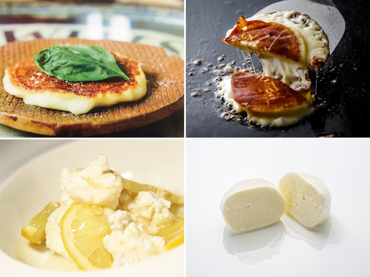 جبن كاتشيوكافالو (الصور بأعلى)، الريكوتا (أسفل اليسار)، وجبن الموزاريلا (أسفل اليمين). يتم تقديم جبن فاتّوريا بيو في مطعم أرماني ريستورانتي جينزا، وغيره من المطاعم الإيطالية الفاخرة في طوكيو) (الصورة من إهداء فاتّوريا بيو هوكايدو)