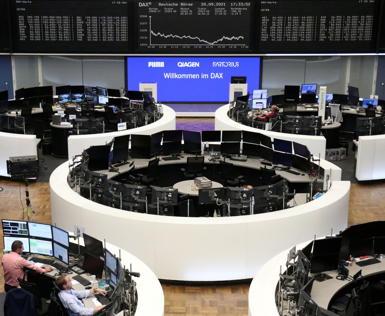 مؤشر داكس للأسهم الألمانية خلال تعاملات بورصة فرانكفورت يوم الاثنين. تصوير:رويترز.