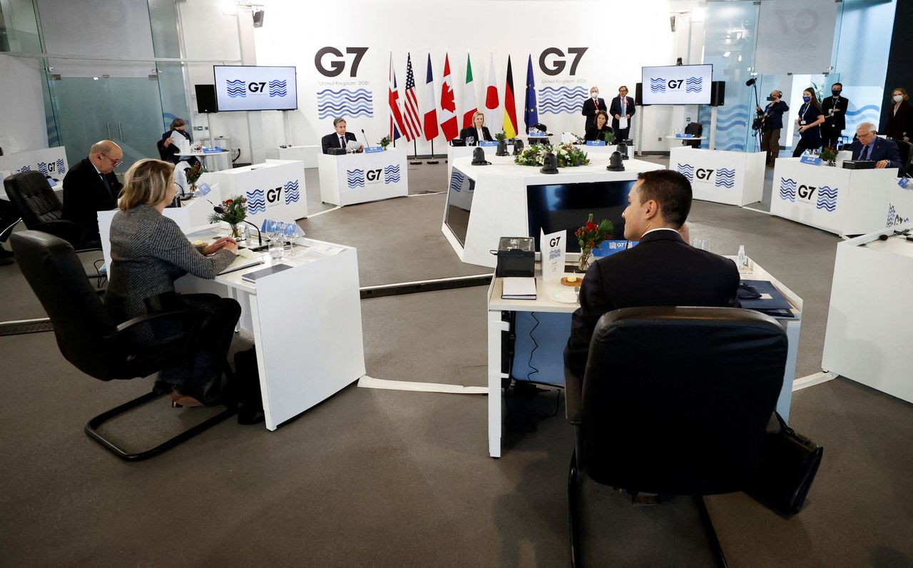 جانب من اجتماع وزراء خارجية مجموعة الدول السبع الكبرى في ليفربول يوم السبت. صورة لرويترز من ممثل لوكالات الأنباء.