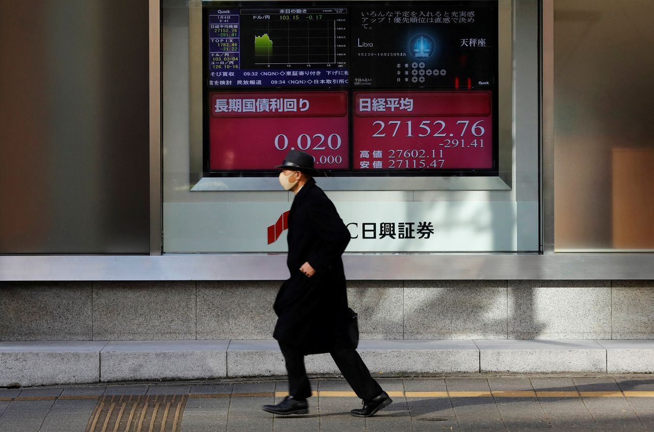 رجل يضع كمامة يمر أمام شاشة إلكترونية تعرض مؤشر نيكي في طوكيو يوم الرابعمن يناير كانون الثاني 2021. تصوير: كيم كيونج هوون - رويترز