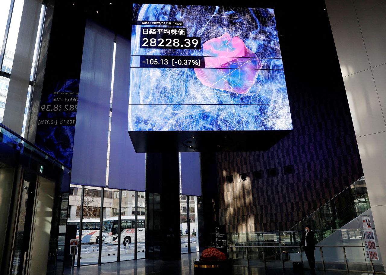 شاشة كبيرة تعرض لتعاملات مؤشر نيكي في حي الأعمال بطوكيو يوم 18 يناير كانون الثاني 2022. تصوير: رويترز.