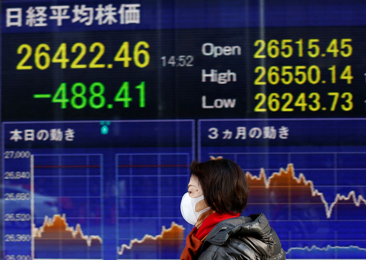 شاشة إلكترونية تعرض متوسط المؤشر نيكي للأسهم اليابانية خارج مكتب للسمسرة في العاصمة طوكيو يوم 22 فبراير شباط 2022. تصوير: كيم كيونج هون - رويترز.