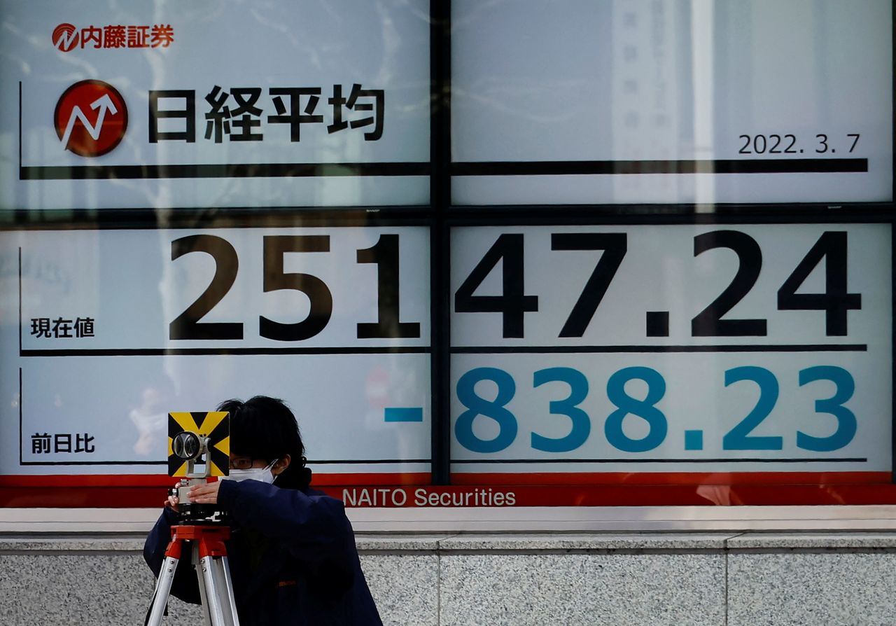 شاشة إلكترونية تعرض متوسط المؤشر نيكي للأسهم اليابانية خارج مكتب للسمسرة في العاصمة طوكيو يوم 7 مارس آذار 2022. تصوير: كيم كيونج هون - رويترز.