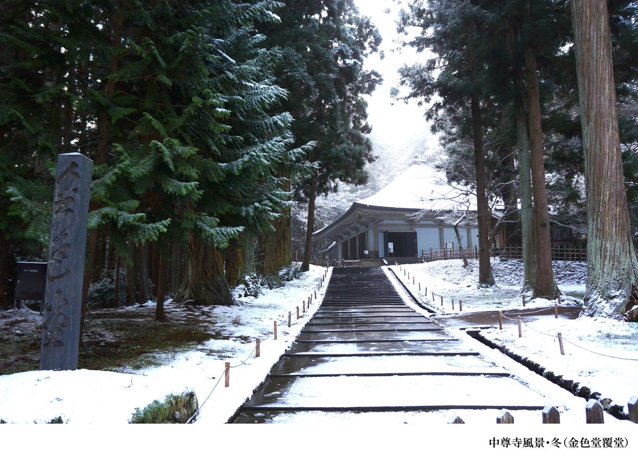 السقف الواقي لمعبد تشوسونجي مكسو بالثلوج الشتوية. (© معبد تشوسونجي)