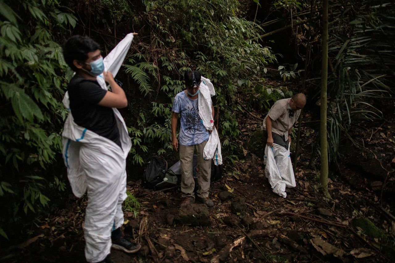صائدو الفيروسات يرتدون معدات الوقاية الشخصية لحماية أنفسهم من التعرض للخفافيش في جبل ماكيلينغ، في لوس بانوس، مقاطعة لاجونا، الفلبين، 18 فبراير/ شباط 2021. تصوير: إلويزا لوبيز - رويترز.