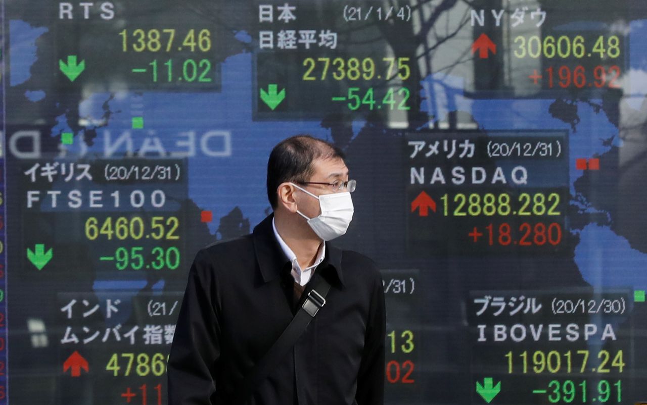 رجل يضع كمامة يقف أمام شاشة إلكترونية تعرض مؤشر نيكي (إلى الأعلى في المنتصف)  في طوكيو يوم الرابع من يناير كانون الثاني 2021. تصوير: كيم كيونج هوون - رويترز